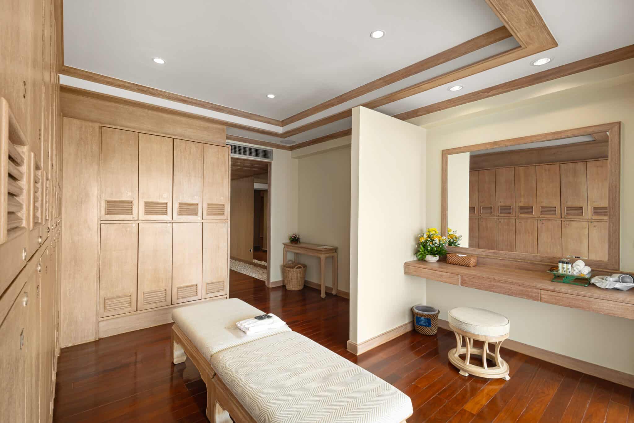 Locker Room with towels, robes, slippers and toiletries