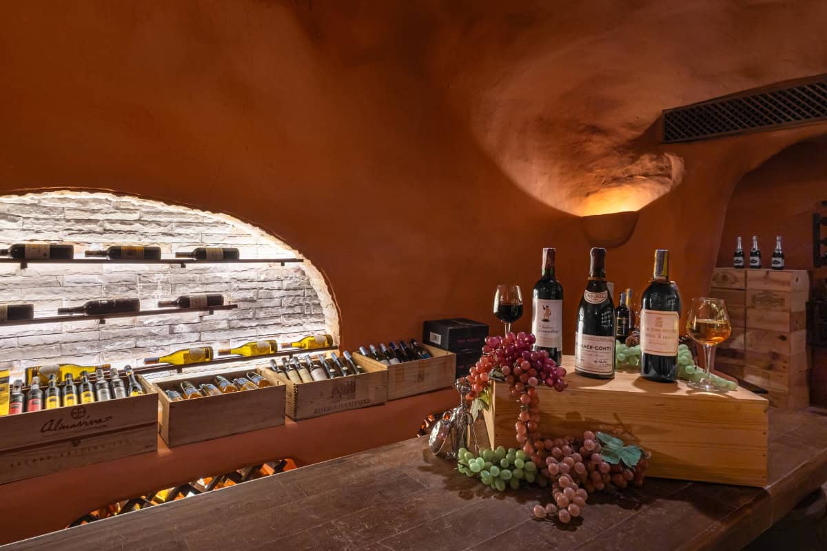 display of bottles for wine tasting in the royal grill room underground wine cavern