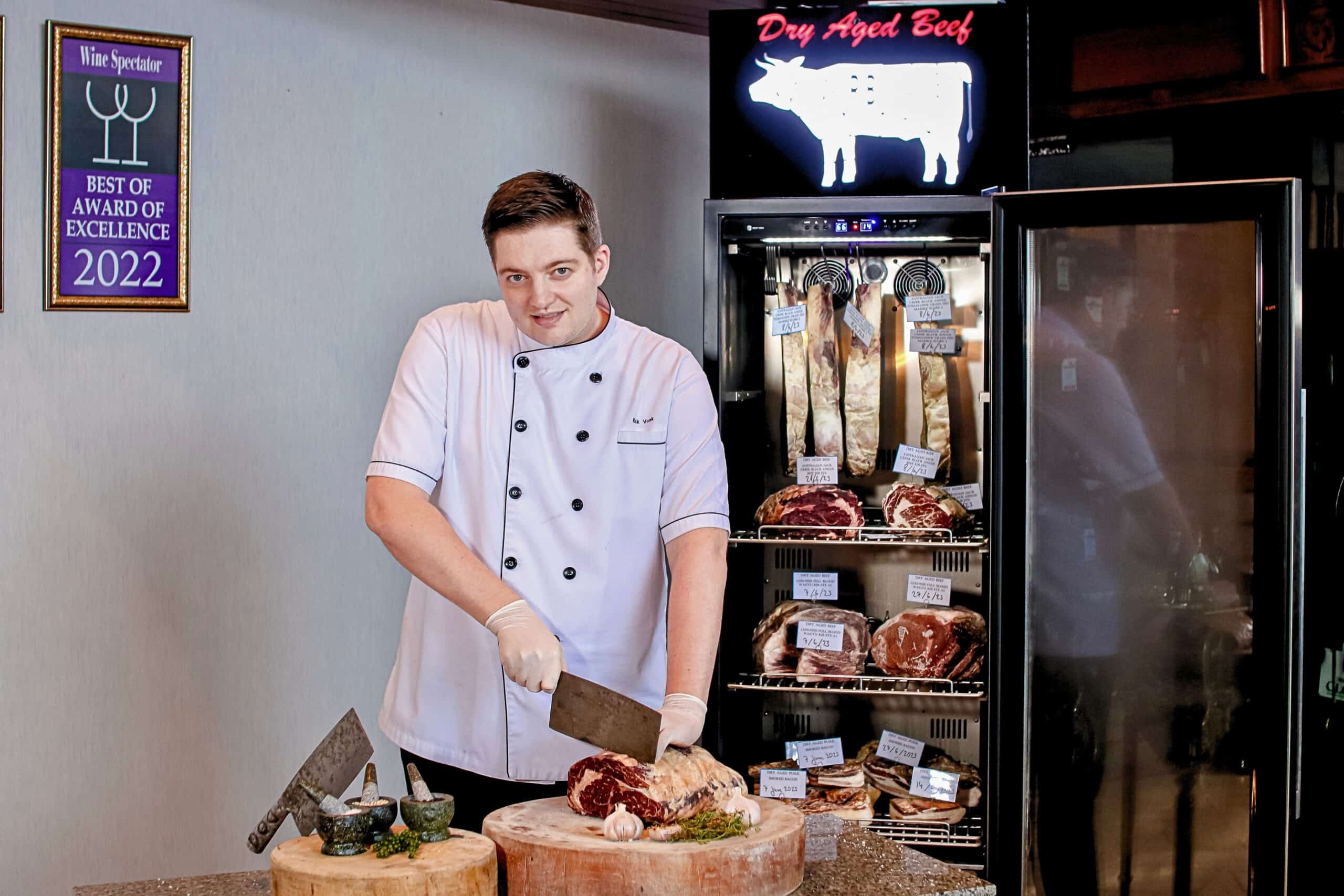 chef nick with dry age meat and dry-ager